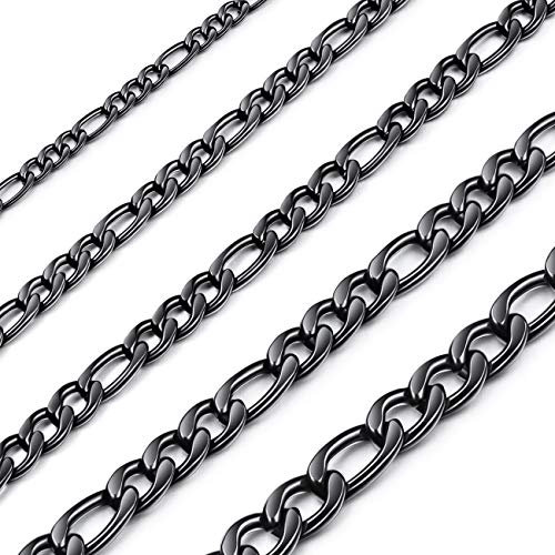 MOWOM Kubanischen Gliederkette Halskette Wasserdicht Herren Edelstahl Halskette Für Damen Jungen Kinder Dünne Figaro Halskette Kette Mit Geschenktüte (Schwarz Farbe, 7MM Breit, 16 Zoll lang)