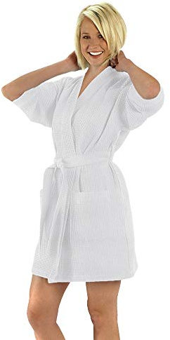 Glamptex Ladies Short 100% Cotton Rich Waffle Robe Bathrobe Dressing Gown Housecoat (White, 10-12(Small))