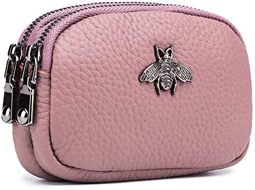 Porte-Monnaie en Cuir véritable pour Femme - Double Zipper Bee Change Pouch Wallet Card Holder Porte-Monnaie Mini Simple Cute Coin Pocket utile pour Les Femmes (Rose)