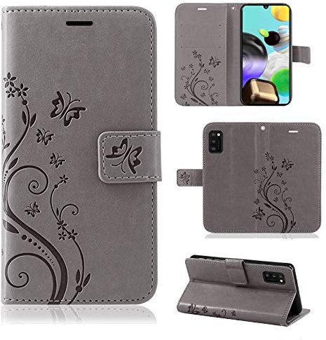 Hülle Kompatibel mit Samsung Galaxy A41 SM-A415 | Premium PU Leder Handyhülle Wallet Case | Schutzhülle Blumen Klapphülle Handyhülle | Grau