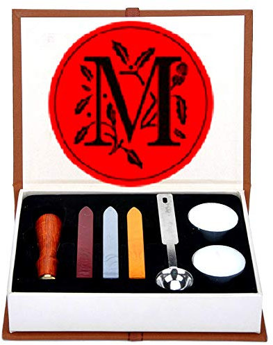 ANBOSE Alphabet M Letters Wax Sealing Stamp Kit - 1Pcs Wooden Handle Copper Seal, 3Pcs Wax Seal Sticks, 1Pcs Melting Spoon and 2Pcs White Candles