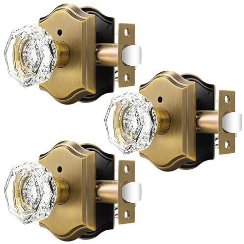 Orger Octagonal Crystal Door Knobs 3 Pack, Interior Privacy Door Handle for Bed/Bathroom with Pin Lock Inside, Antique Bronze Vintage Rosette Door Knob with Heavy Duty Genuine Glass