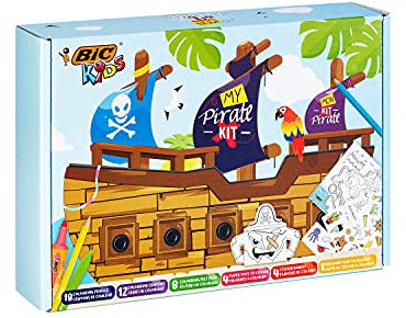 BIC Kids Stifte Set: 18 Buntstifte, 8 Filzstifte, 12 Malkreiden, Sticker und Ausmalfiguren, My Pirate Kit
