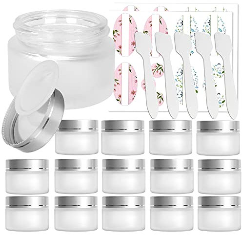 15 Pack, 1 oz 30 ml Frosted Glass Jars with Silver Lids & Inner Liners, Empty Matte Clear Round Refillable Cosmetic Containers Travel Jars for Cosmetics, Body Butter,Scrubs,Face Cream Lotion