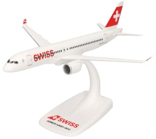 herpa Snap-Fit Modellflugzeug Airbus A220-30 - Swiss International Air Lines, Miniatur im Maßstab 1:200, Sammlerstück, Modell mit Standfuß, Kunststoff, Weiß | HB-JCQ im Maßstab 1:200, Plastikminiatur mit Pedastal, Modellbau, Sammleredition