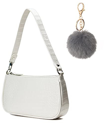 CAMILIFE Handtasche Damen Vintage, Umhängetasche mit Schickem Krokoprägung-Druck, Kleine Umhängetasche Damen,Damen Schultertasche,Frau Vintage Shoulder Mini Bag (Weiß-Haarballen)