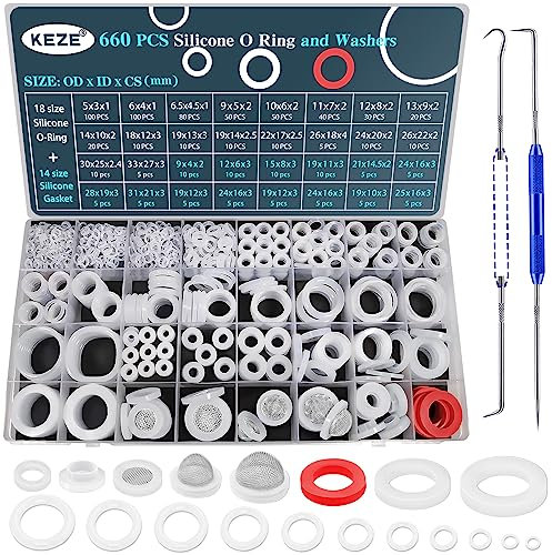 KEZE 660 PCS Silicone Washer Assortment Kit 14 Size VMQ Silicone Gasket and 18 Size Clear Food Grade Silicone O Ring Washers Set for Seal Plumbing Faucet High Temperature Resistant Repair