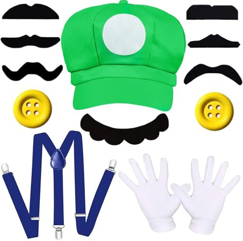 BITOWO Mario kostüm Kinder Erwachsene Accessoires mit Luigi Mütze Schnurrbart Handschuhen Knöpfen Hosenträger Mario und Luigi Kostüm Kinder Jungen Mädchen Damen Herren Kind Halloween Karneval Cosplay