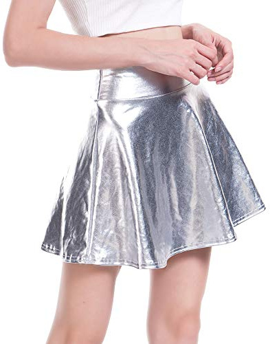 NewL Sexy Metallic Hohe Taille Mini PU Leder Rock Club Party Tanz Glänzend Holografisch Harajuku Metallic Plissee Unterteil