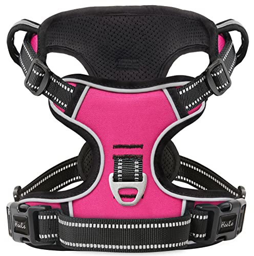 HEELE Hundegeschirr, Zugentlastung, reflektierend, mit gepolstertem Griff, Kontrolle, 2 Metallringe, Geschirr für kleine mittelgroße und große Hunde, Rosa, Rot, M