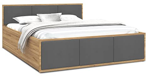 FurnitureByJDM Bett 160x200 mit Stauraum & Gepolsterte Einsätze – Doppelbett mit Bettkasten und aufklappbarem Lattenrost – Stauraumbett mit Liftfunktion - Panama (Eiche Craft/Graphit Einsätze)