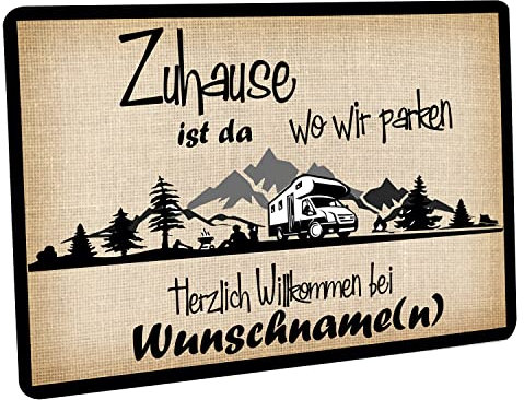 Crealuxe Fussmatte mit Wunschtext/Wunschname - Zuhause ist wo wir parken - Wohnmobil - 60x40cm, personalisiert, Fußabtreter für Camper, Fußabstreifer für die Haustür, rutschfest, Camping Geschenke