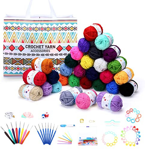 LIHAO 30 Color Knitting Yarn Crochet Yarns with Crochet Hooks & Storage Bag Acrylic Yarn for Knitting Crochet and Crafts - 30g/Skein
