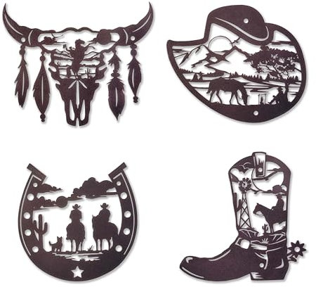 Ecqizer 4 Stück Western-Wanddekoration, Rustikale braune Westerndekoration für Zuhause, Metall, Western-Dekor, Cowboystiefel, Hufeisen, Cowboyhut, Kuh, Totenkopf, Wandkunst, Dekoration, Landwestliche