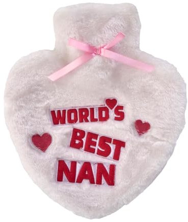 K Collection World's Best Nan Hot Water Bottle - Natural Rubber Heart Shaped HWB with Supersoft Faux Fur Cover - 1 Litre
