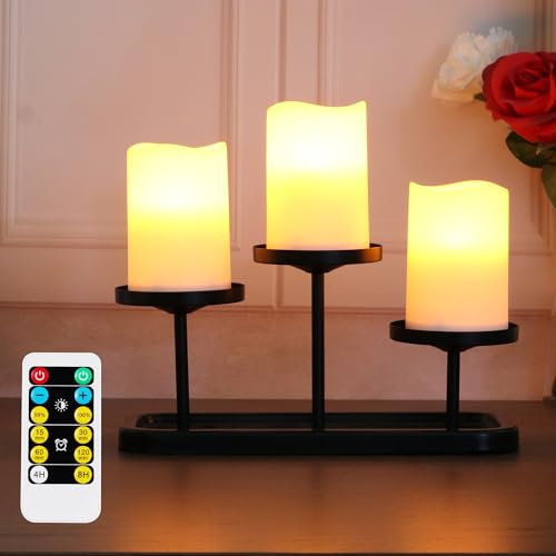 yucanucax 3Pack Pillar Candle with Holder,Remote Control Candles flameless Candles , (2.6 D X4 H ) Plastic Flickering with Timer by 3AAA Batteries(not Included)