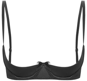 CHICTRY Womans PVC Leather Push Up Underwire Shelf Bra Crop Top Demi 1/2 Cup Unlined Balconette Bra Satin Black B S