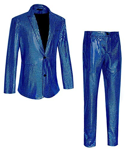 callmo Anzug Herren 2 Teilig Disco Sets Glitzer Jacke und Hose Metallic Glänzende Pailletten Anzüge für Discokugel Party Karneval Kustüm Hochzeit 70er 80er Jahre Outfit Mottoparty Herrenanzüge