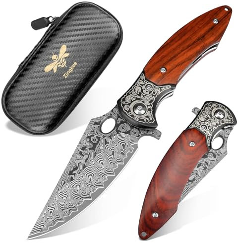 Zingbee Damast Taschenmesser, Hochwertig VG10 Damaststahl Klinge, rutschfestem EDC Einhanddesign und edlem Sandelholzgriff. Leicht zu tragen, ideal für Wandern, Camping und Jagd