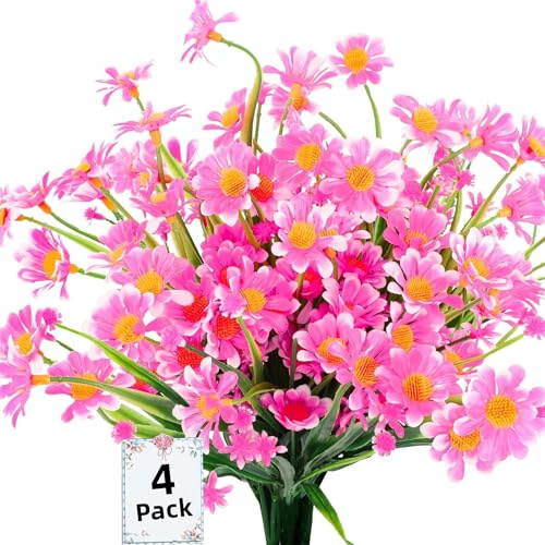 Siganorpy 4PCS Artificial Daisy Flowers, UV Resistant Faux Plastic Greenery Shrubs, No Fade Fake Floral Plants for Indoor Outdoor Garden Porch Cemetery Grave Wedding Home Party (Pink)