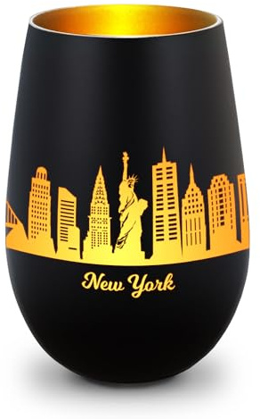 GRAVURZEILE Deko Windlicht aus Glas mit Gravur - Skyline New York - Hochwertige 360° Lasergravur - Dekoratives Geschenk als Andenken, Souvenir oder für Sammler zum Geburtstag - Farbe: Schwarz/Gold