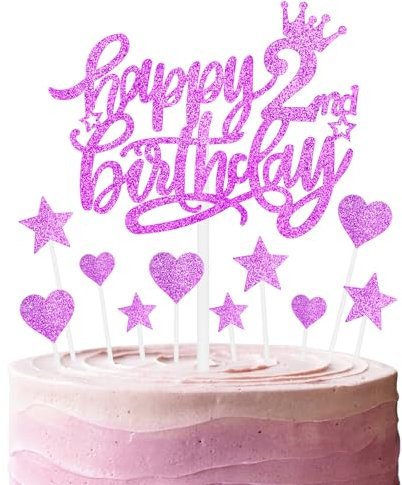 11pcs Happy 2nd Birthday Cake Toppers - Hot Pink Glitter Heart Stars for Girls' 2nd Birthday Cake Decorations