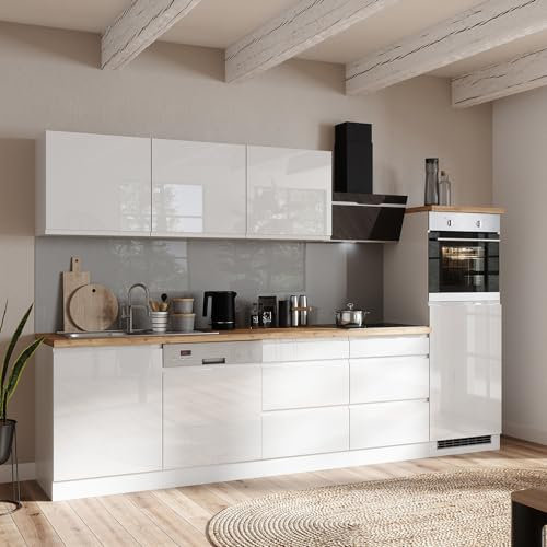 Lomadox Küche Küchenzeile 300 cm, inkl. E-Geräte, in Hochglanz weiß, Arbeitsplatte Eiche | inkl. Dunstabzugshaube, Glaskeramikkochfeld, Einbau-Backofen, teilintegrierter Geschirrspüler