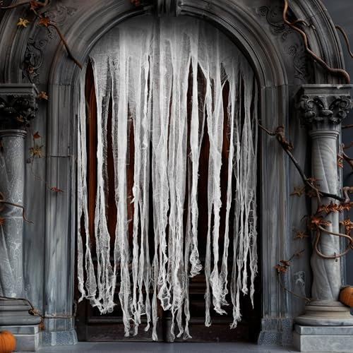 3Pcs Halloween White Doorway Curtain- 65x39Inch Creepy Gauze for Door Curtain Decorations- Scary Spooky Cloth for Halloween Party Haunted House Entrance Decor (White)