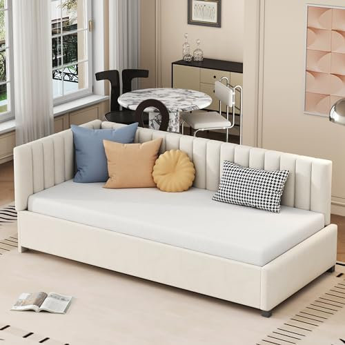 Moimhear Polsterbett Sofabett 90 * 200 Multifunktionsbett mit Lattenrost Hautfreundlicher Samtstoff (Beige)
