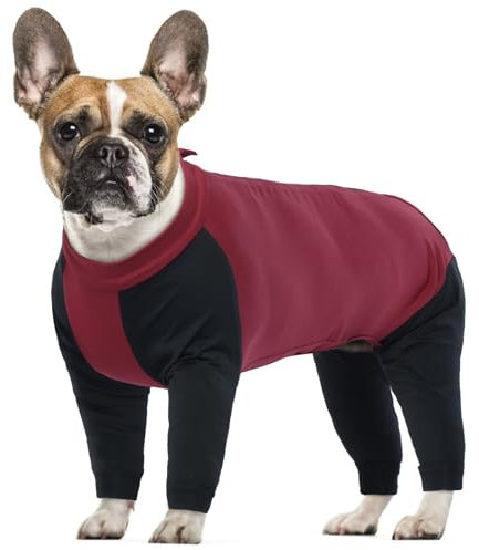 Pyjama für Mittelgroße Hunde - Full Cover-Bodysuit Einteiler Chirurgische Hundebody Mit Beinen, Bauchwunden und Wundschutz - Hundepullover Klamotten (Rot, S)