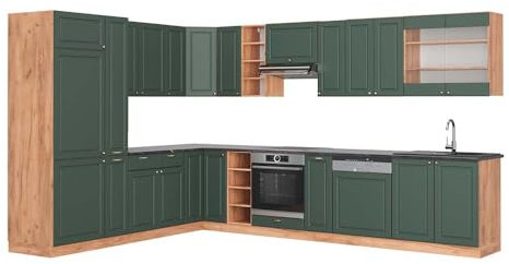 Vicco Eckküche Fame-Line, Grün-Gold Landhaus/Goldkraft Eiche, 257 x 60 cm, AP Anthrazit