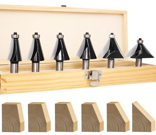 SICWOOD 6PCS Chamfer Router Bit Set 1/2 Shank, Carbide 2-Flute Chamfer Cut, Edge Forming Bevel Router Bit, Chamfer Bit Miter Angle Router Cutters, for Miter Joints, Deg10° 15° 20° 22.5° 30° 45°