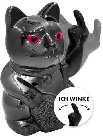 ANGRY CAT - Winkekatze Lucky CAT - Lustige winkende Katze - japanische Winkkatze mit Stinkefinger - Dekoartikel Wackelfigur Katze - Winke-Arm mit Mittelfinger - 15cm, Black Shiny