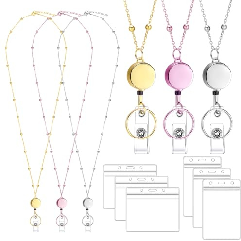 Schlüsselbänder für Ausweise, 3 Stück, mit 6 Ausweishaltern, einziehbar, Edelstahl, für Lehrer, Kreuzfahrtschiff, Schlüsselbänder für Mädchen und Frauen (Gold, Silber, Rosa)