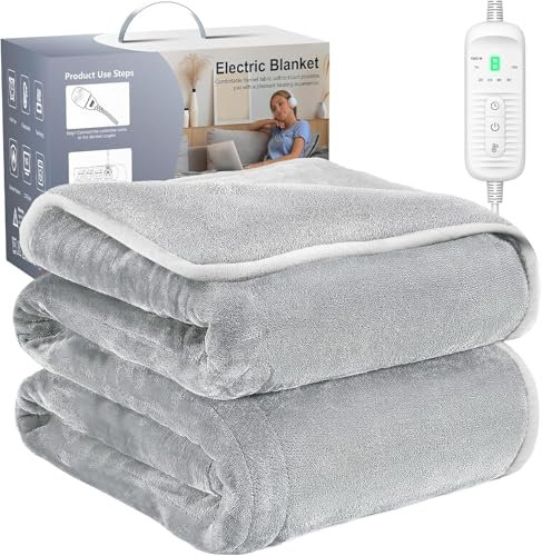 Heizdecke 130x180cm 9 Heizstufen 1~10 Stunden Auto-Off-Timer Überhitzungsschutz, Elektrische Wärmedecke Bett Wärme Decke für Home & Office Schnelle Flanell Waschbar Grau
