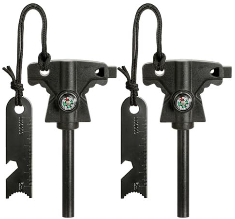 Survival Flint and Steel,New Upgrades 2Pcs Multifuctional Survival Fire Steel Fire Starter Kit with Compass Ruler and Whistle, Magnesium Ferrocium Rod Firesteel for Travelling Bushcraft Camping Hiking