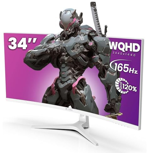 CRUA 34 Inch White Gaming Monitor 144Hz 21:9 1500R Ultra Wide Curved Monitor, WQHD (3440 x 1440P) 120% sRGB VA Panel Computer Monitor Compatible with AMD Freesync, HDMI 2.0 and DP1.4