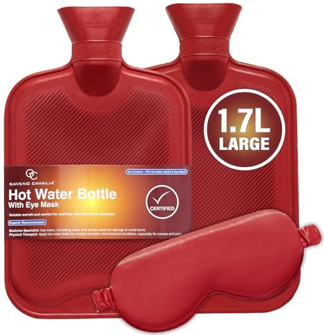 Hot Water Bottle 1.7 Liter Secure & Leakproof Natural Rubber Large Hot Water Bottles for Pain Relief, Hand and Foot Warmer with Matching Eye Mask - 32.5 Cm x 19.5 Cm - Red
