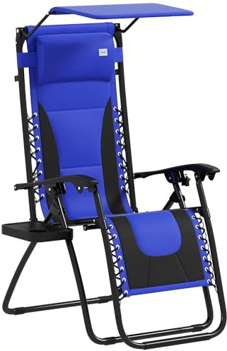 Outsunny Zero Gravity Lounger Chair, Folding Reclining Patio Chair with Shade Cover, Padded Seat, Cup Holder, Soft Cushion and Headrest for Poolside, Camping, Blue