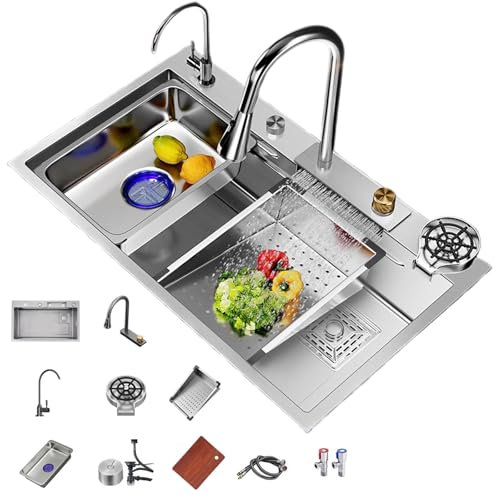 Fregadero de Cocina, Fregadero Multifuncional Inteligente de Acero Inoxidable de una cubeta con Grifo de Cascada, Fregadero de Cocina Blanco con enjuagador de Tazas 75 * 45cm/29.5 * 17.7in
