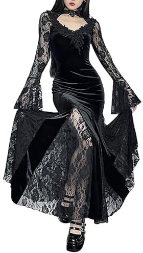 DINGJIUYAN Women Gothic Velvet Maxi Dress Vintage Long Sleeve Flare Sleeve Velour Lace Long Dresses Halloween Costumes Black