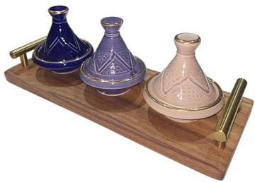 Lot de 3 Mini Tajines avec Plateau – Artisanat Marocain pour Condiments et Sauces (Or 12 Carats/MODELE 01)