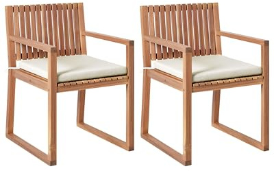 Beliani Rustic Outdoor Set of 2 Garden Dining Chairs with Cushions Certified Acacia Wood Polyester Light Brown Red Sassari II
