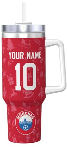 Generisch Bayern Thermobecher mit Namen & Nummer,Bayern Edelstahl Trinkflasche 1.2L(40 OZ) mit Strohhalm und Henkel - Thermosflasche BPA Frei - Geschenke Für Fußballfans,Weihnachtsgeschenke
