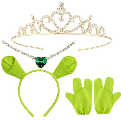 DvBCNMe 4-Stück Das grüne Monster Ohren Stirnband Set, mit glänzender Krone, Edelstein-Halskette, Dreifanger-Handschuhe, Haarbänder, Kostüm-Accessoires für den Karneval-Halloween-Rollenspiel-Kostüm