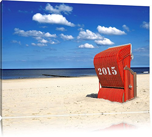 Pixxprint Roter Strandkorb an der Nordsee, Größe: 120x80cm, Leinwandbild, fertig gespannt, Wandbild, Dekoration, Kunstdruck, kein Poster