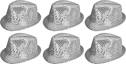 Lot de 6 chapeaux trilby à paillettes en rouge, noir, argent, or, violet, vert ou rose - Accessoire de déguisement Fedora - Pour homme et femme