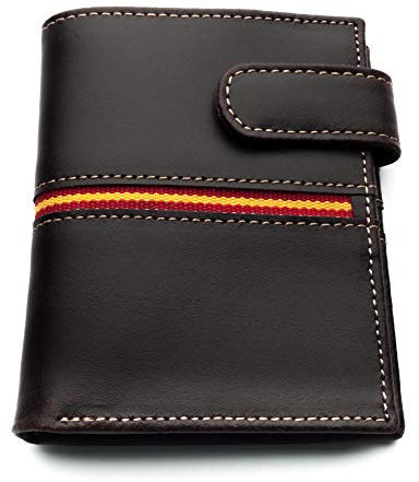 LEGADO Cartera Hombre Marrón Piel tratada con Bandera España Ubrique Cartera Bandera España Regalo Pulsera Bandera España(Vertical Marrón Vox II con Broche)