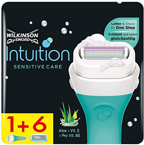 Wilkinson Sword Intuition Razor for Women + 7 Refills, Conditions, Depilates & Hydrates, 4 Blades, Recyclable Packaging, Sensitive Skin, Red