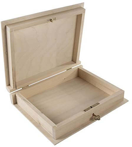 Abschließbare Holzbox in Buchform, dekoratives Bücherregal, Zubehörhalter, versteckte Abdeckung, 21 x 17 x 4,5 cm | Erinnerungsschmuck mit Scharnier | unlackierte & unlackierte Kiefer